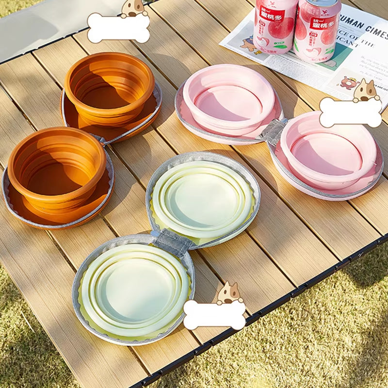 2 in 1 Foldable Pet Food Bowl Portable Silicone Puppy Dual Bowl Outdoor Travel Dog Drinking Bowl Folding Cat Bowls Dog Bowls