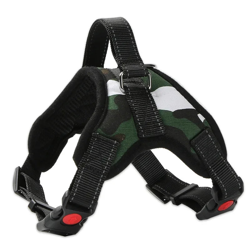 A tactical ranger green breathable nylon dog harness with quick-release buckles and adjustable straps for outdoor training.