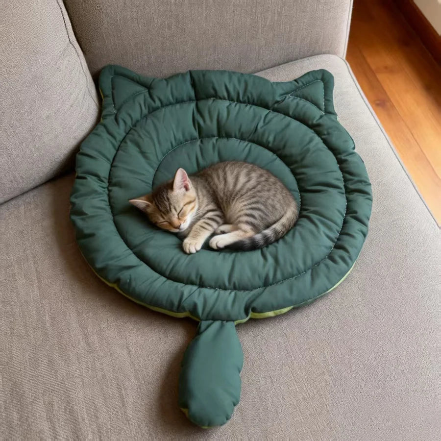 A dark green cat-shaped breathable pet bed mat with a soft padded interior for dogs and cats.