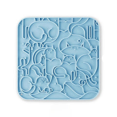 A blue slow-feeding silicone lick pad featuring a powerful suction base to help reduce pet anxiety during meals.