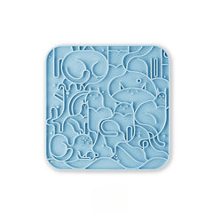 A blue slow-feeding silicone lick pad featuring a powerful suction base to help reduce pet anxiety during meals.