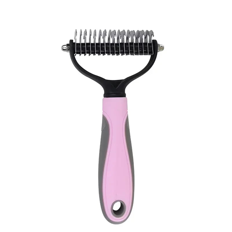Rose Quartz pink professional grooming rake showing the dual-sided dematting and deshedding teeth.