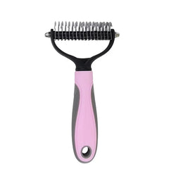 Rose Quartz pink professional grooming rake showing the dual-sided dematting and deshedding teeth.