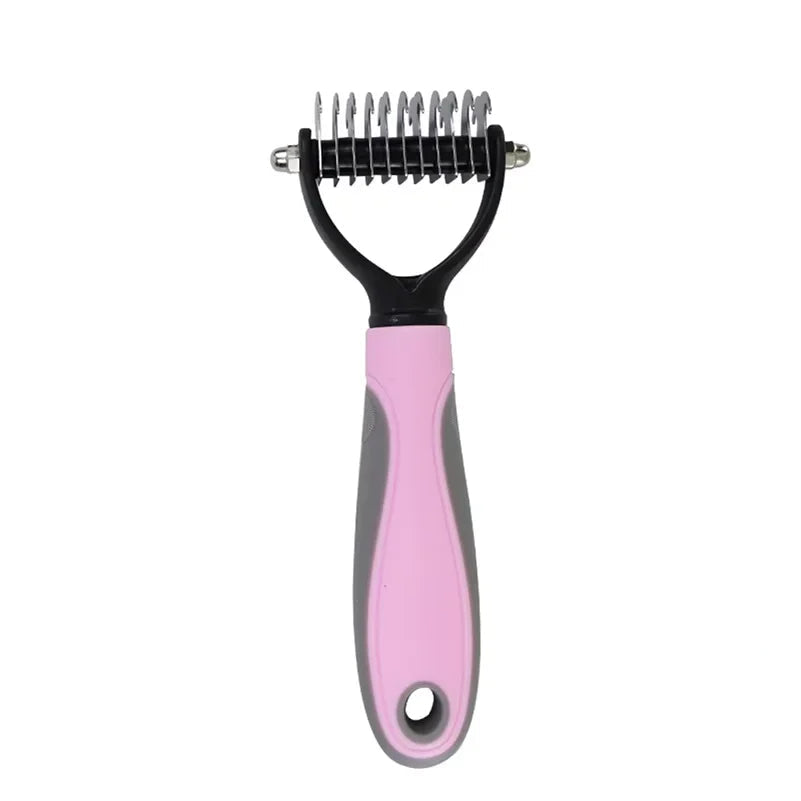 Rose Quartz pink professional grooming rake showing the dual-sided dematting and deshedding teeth.