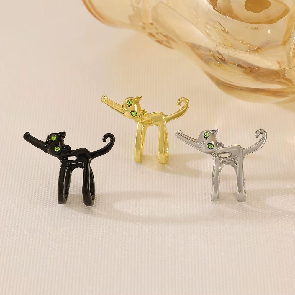 Stylish Cat Elf Clip-On Earrings with Green Eye Design - Unique Metal Fashion Jewelry for Women