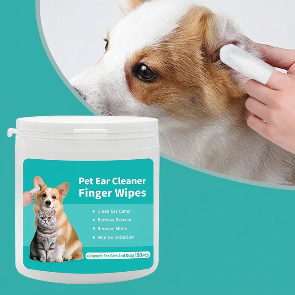Soothing dog ear cleaning wipes used on a dog's ear to remove wax, dirt, and help with ear mite prevention.
