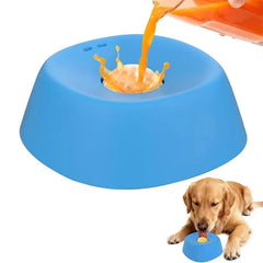 A dog licking the rotating ball of the Pawzation anti-choking slow feeder bowl filled with yogurt.