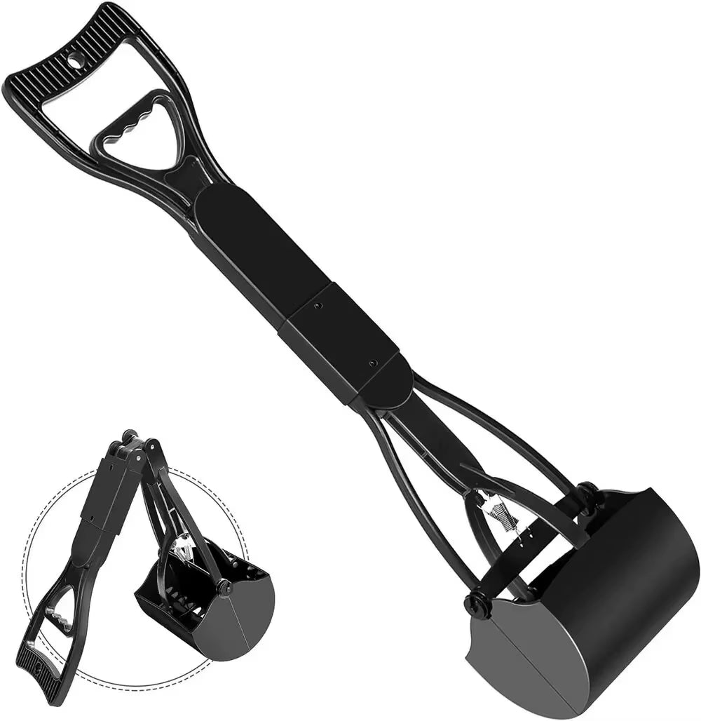 Black long‑handle pooper scooper with spring‑loaded jaws and ergonomic grip for easy dog waste pickup.