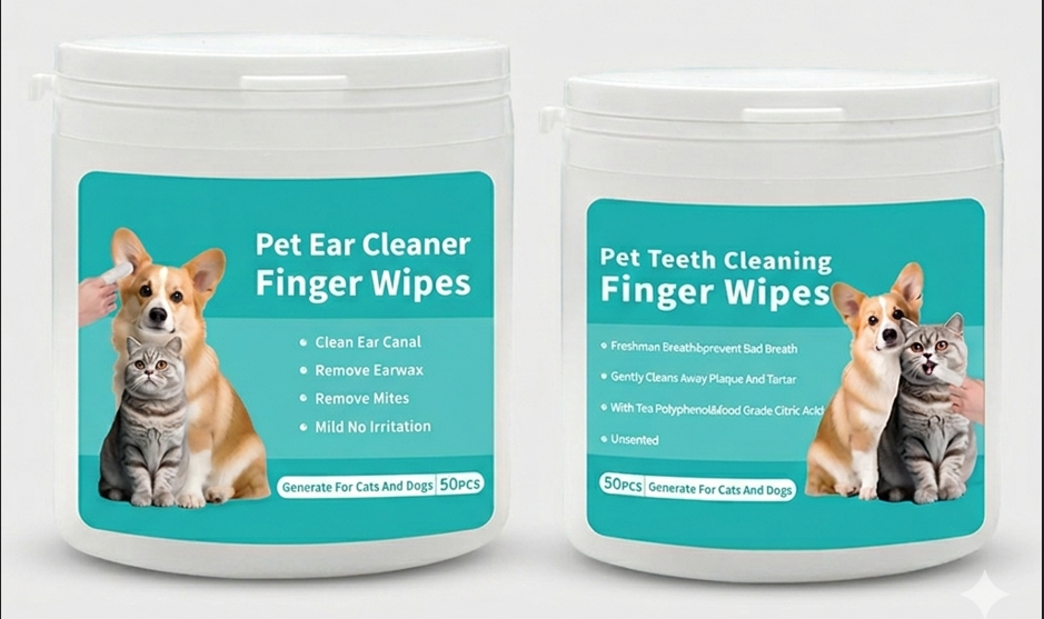 A 2-in-1 pet hygiene bundle featuring Cat and Dog Teeth Cleaning Wipes and Ear Cleaning Wipes in white canisters with teal labels.