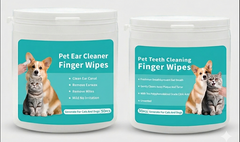 A 2-in-1 pet hygiene bundle featuring Cat and Dog Teeth Cleaning Wipes and Ear Cleaning Wipes in white canisters with teal labels.