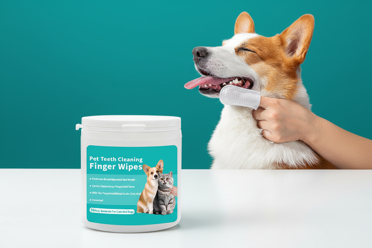Disposable dog teeth cleaning wipes in a finger-sleeve design being used to clean a pet's teeth to remove plaque and freshen breath.