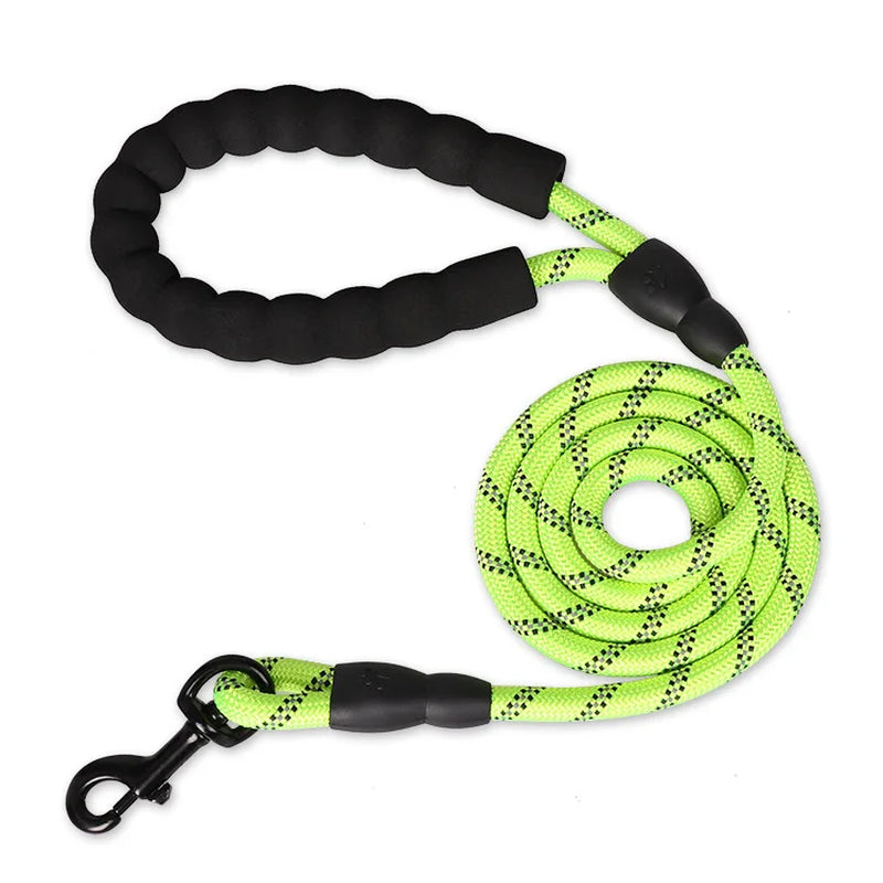 A forest trail green durable reinforced dog leash extended flat to show its premium high-tensile woven stitching.