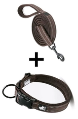 A heavy-duty coyote desert brown reflective dog collar and matching lead designed for outdoor tracking and enhanced night-walking visibility.