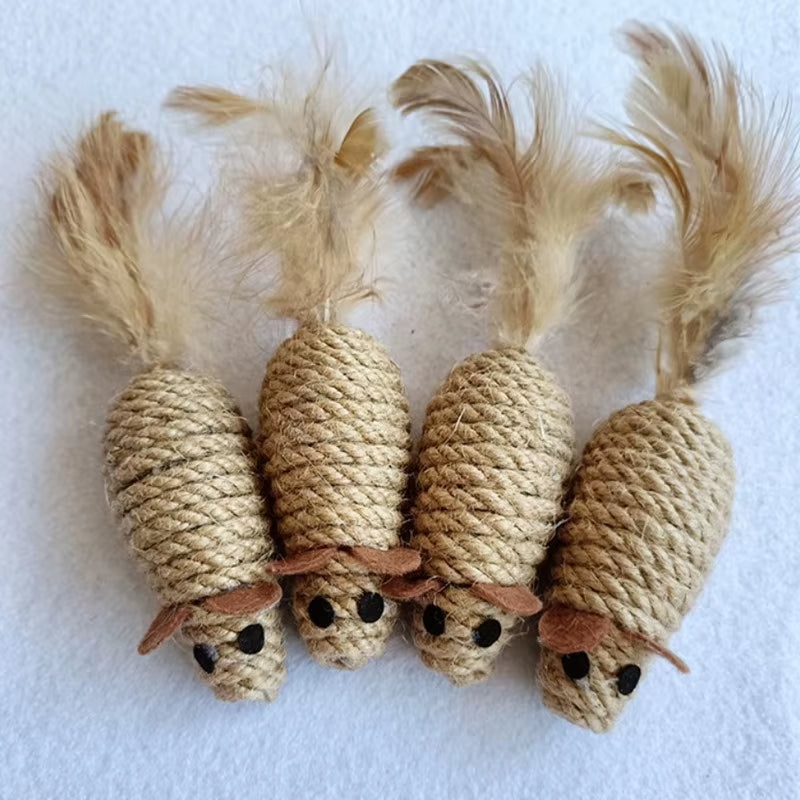 Rope Cat Toy Mice – Natural Sisal Play Mice with Feather Tails for Scratching, Biting & Chasing