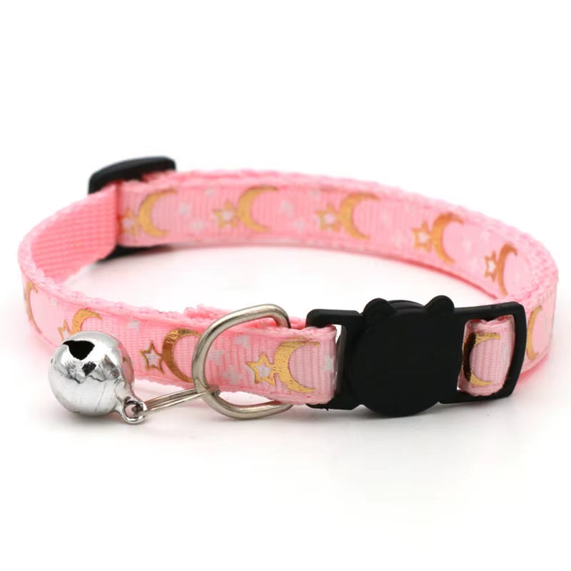 Gold Stars and Moon Cat Collar with Reflective Safety Buckle and Bell Adjustable Cats and Small Dogs Collars