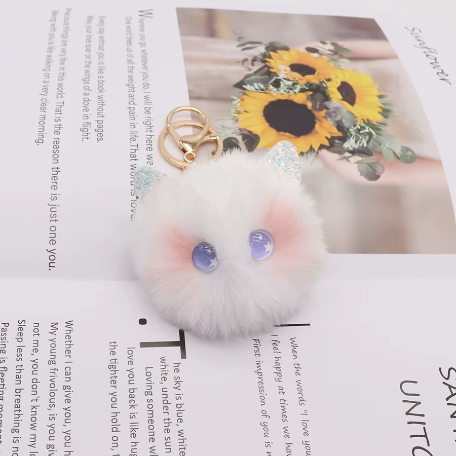 Black Cat Plush Keychain - Cartoon White Kitty Pendant for Women, Girls, and Kids Gift Ornament