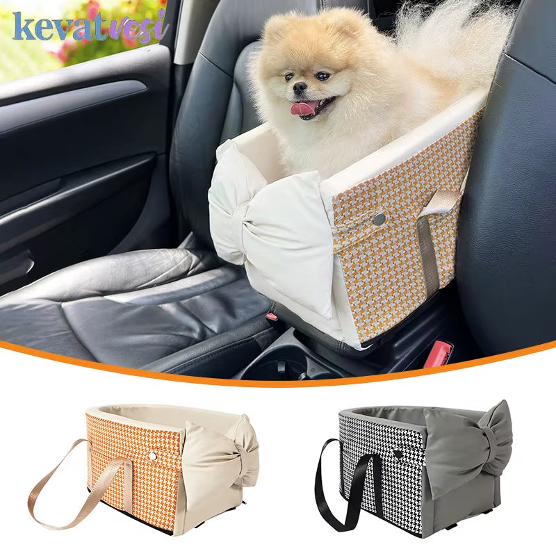 Portable Dog Car Seat – Travel Transport Bag for Cats & Small Dogs, Central Car Seat Bed with Cute Bow Design