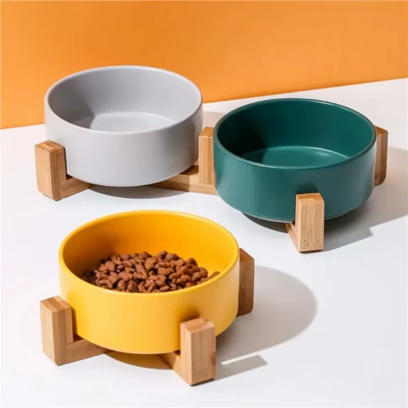 Ceramic Elevated Pet Bowl - Ergonomic Wooden Rack for Cats & Dogs