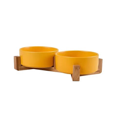 Ceramic Elevated Pet Bowl - Ergonomic Wooden Rack for Cats & Dogs