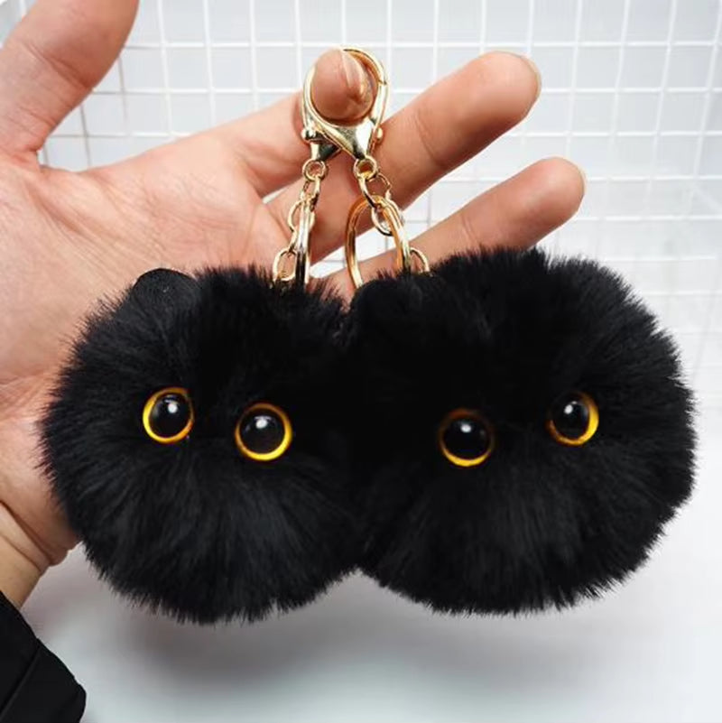 Black Cat Plush Keychain - Cartoon White Kitty Pendant for Women, Girls, and Kids Gift Ornament