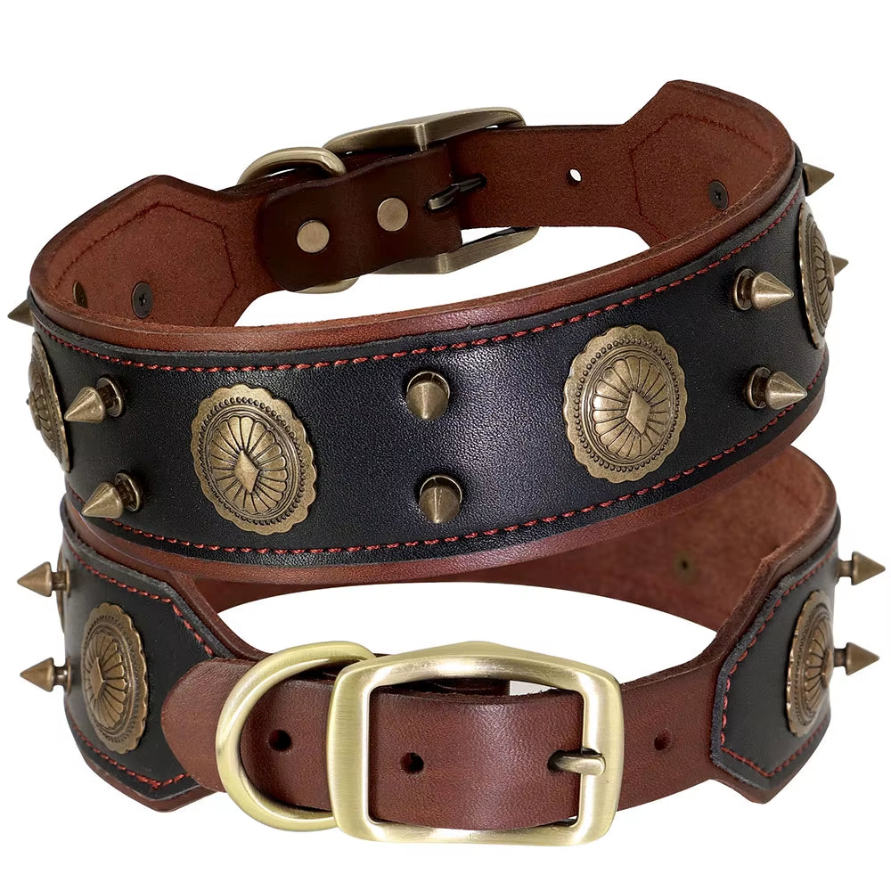 Super Cool Pet Dog Collar Genuine Leather Spiked Studded Collars Adjustable Big Dog Collar for Medium Large Dogs Pitbull Correa