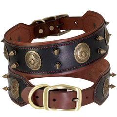Super Cool Pet Dog Collar Genuine Leather Spiked Studded Collars Adjustable Big Dog Collar for Medium Large Dogs Pitbull Correa
