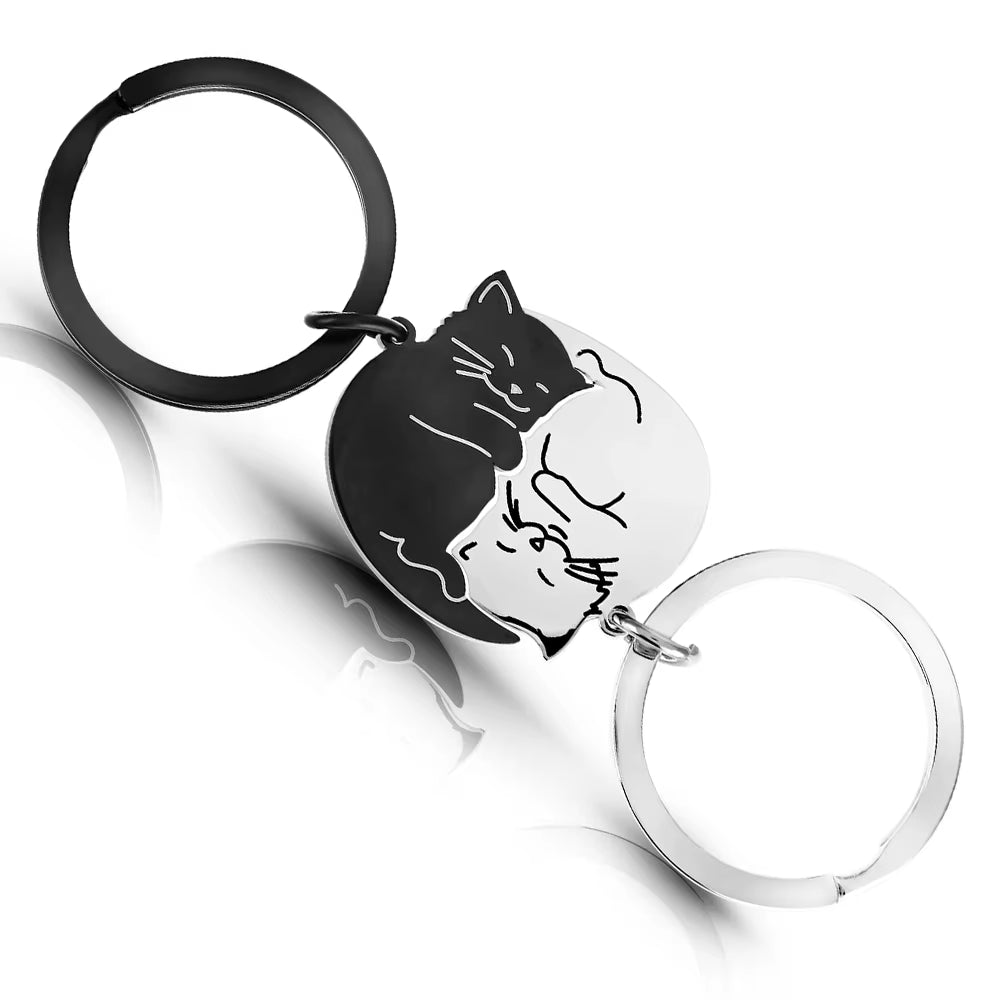Stainless Steel Black Cat Couples Keychain Puzzle Set - Thoughtful Valentine's Gift for Partners and Friends