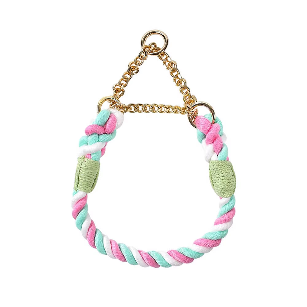 Dog Collar P Chain Comfortable Cotton Dog Collars Adjustable Braided Cotton Multi-Color Rope Collar with Durable Metal Dog Chain