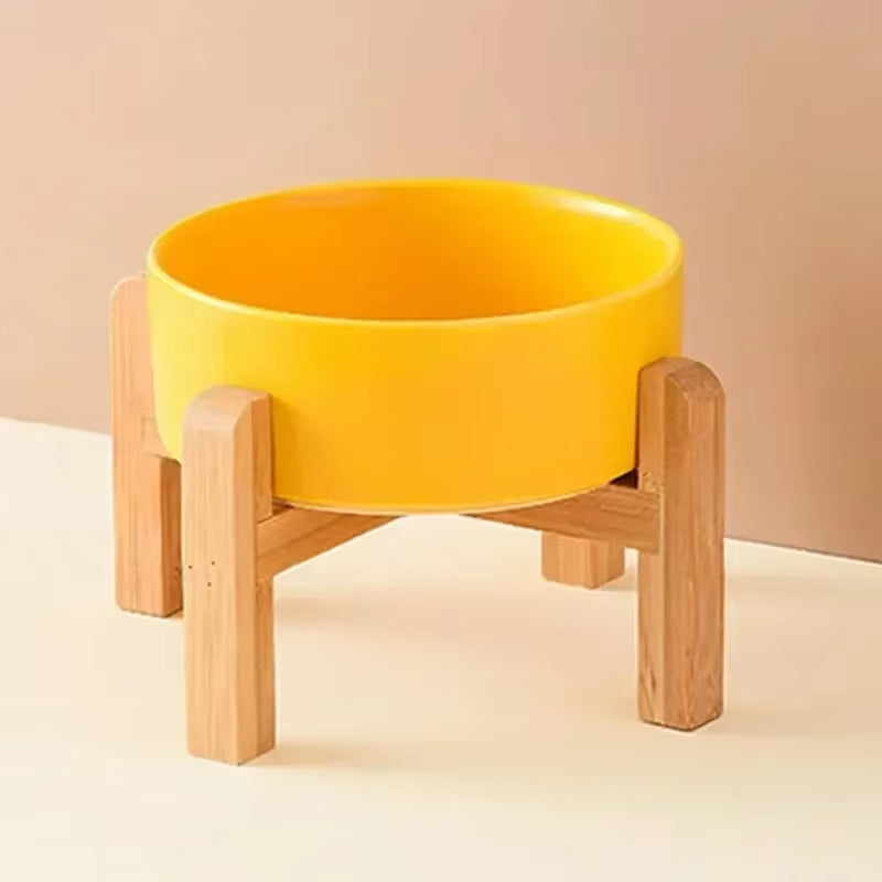 850ml Double Ceramic Elevated Pet Bowl - Ergonomic Wooden Feeding Station