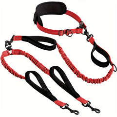 Shock‑absorbing elastic dog leash with padded handle and dual‑dog clips for running and walking