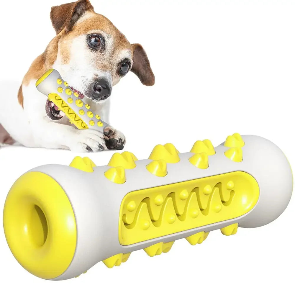 An extra-tough vibrant solar yellow elastic TPR dog molar toothbrush toy displaying its multi-angle texturized dental cleaning nodes and rigid nylon shell.