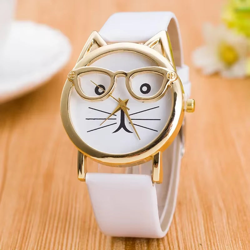 Cute Cat Face Quartz Watch – Women’s Faux Leather Band Wristwatch with Glasses Design