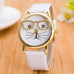 Cute Cat Face Quartz Watch – Women’s Faux Leather Band Wristwatch with Glasses Design