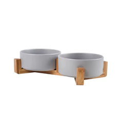 Ceramic Elevated Pet Bowl - Ergonomic Wooden Rack for Cats & Dogs