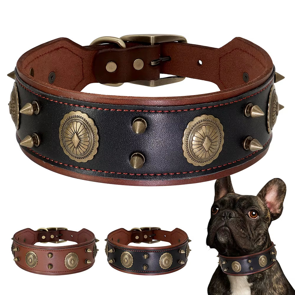 Super Cool Pet Dog Collar Genuine Leather Spiked Studded Collars Adjustable Big Dog Collar for Medium Large Dogs Pitbull Correa