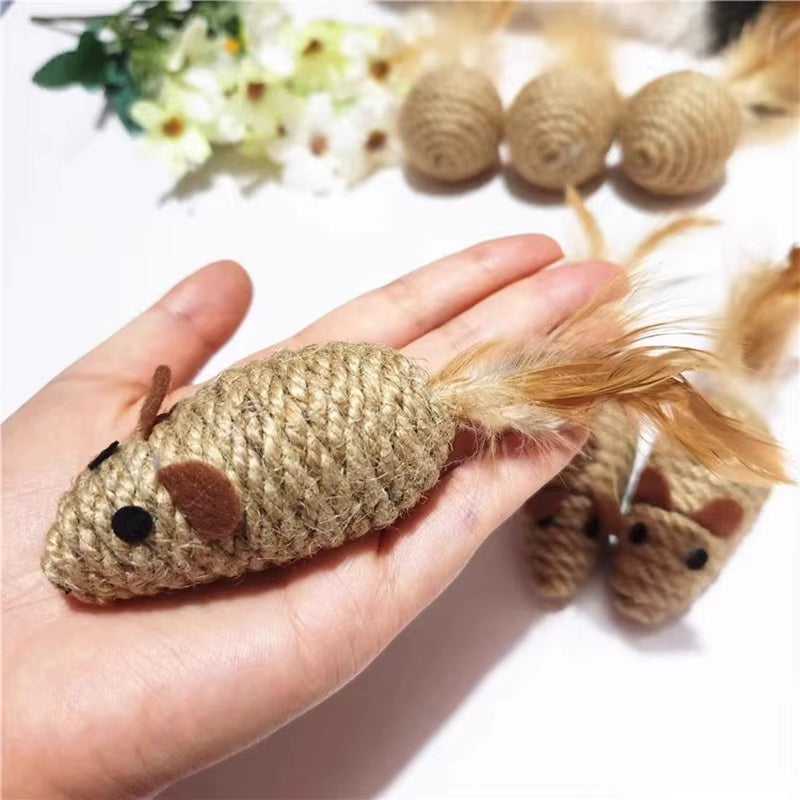 Rope Cat Toy Mice – Natural Sisal Play Mice with Feather Tails for Scratching, Biting & Chasing