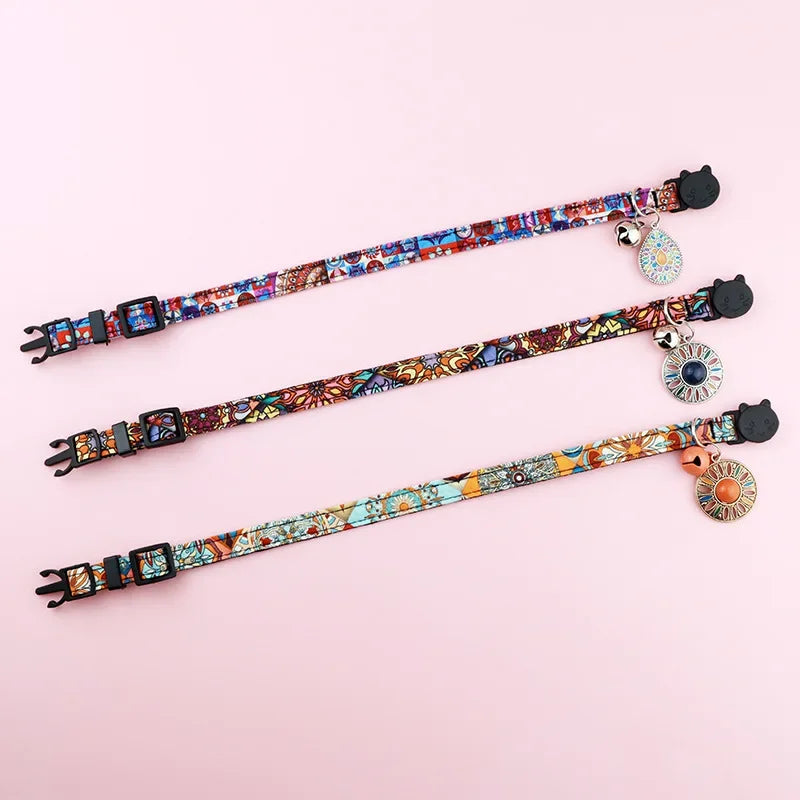 Adjustable Breakaway AirTag Cat Collar with Integrated Tracker Holder & Safety Bell - Bohemian Print Kitten & Puppy Neck Strap