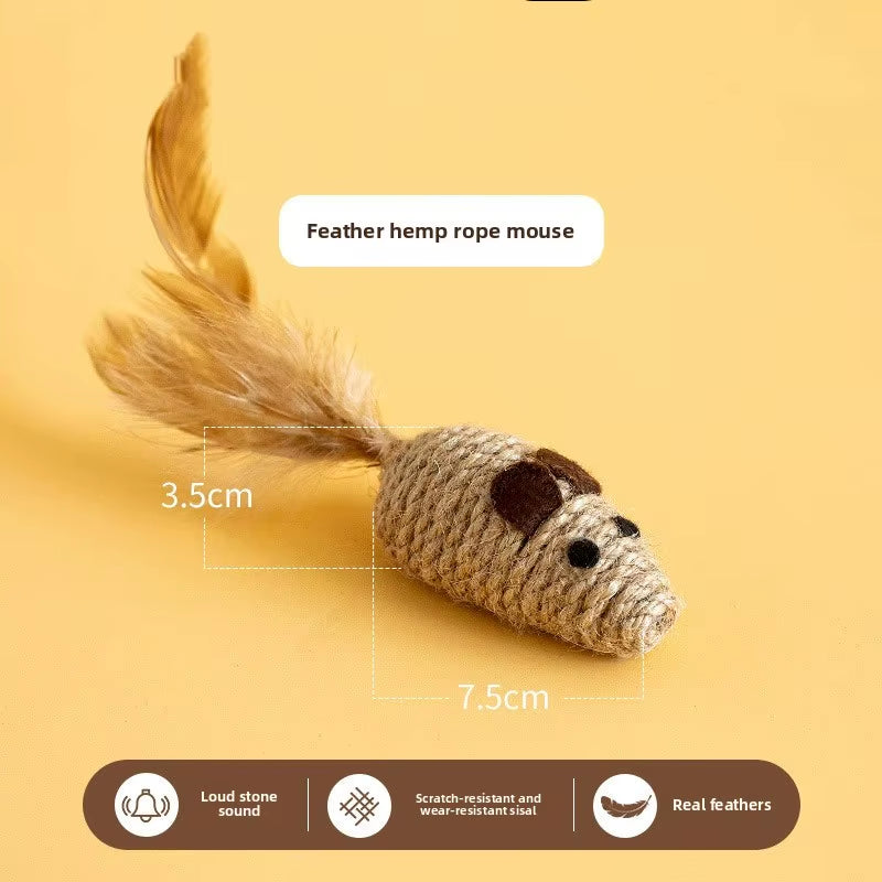 Rope Cat Toy Mice – Natural Sisal Play Mice with Feather Tails for Scratching, Biting & Chasing