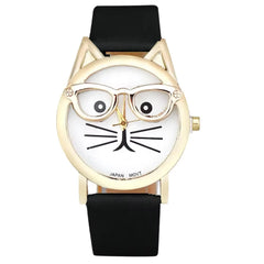 Cute Cat Face Quartz Watch – Women’s Faux Leather Band Wristwatch with Glasses Design