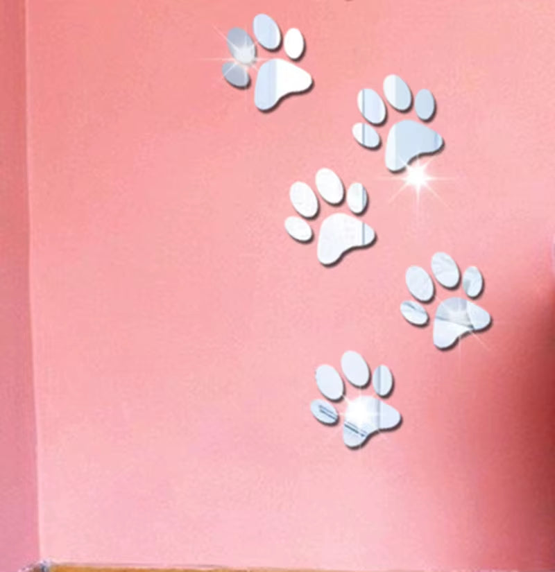 Mirror Acrylic Dog Paws Three-Dimensional Wall Stickers - 5 Pcs Set