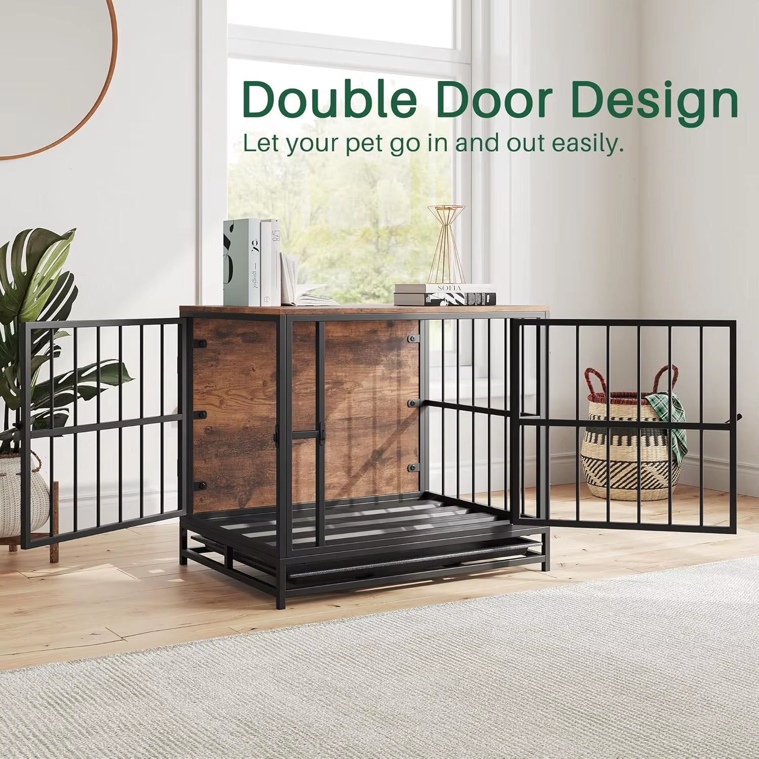 Dog Crate Furniture,Wooden Dog Kennel Indoor,Heavy Duty Dog Cage with Removable Tray, Dog House Double Doors Pet Crate Side