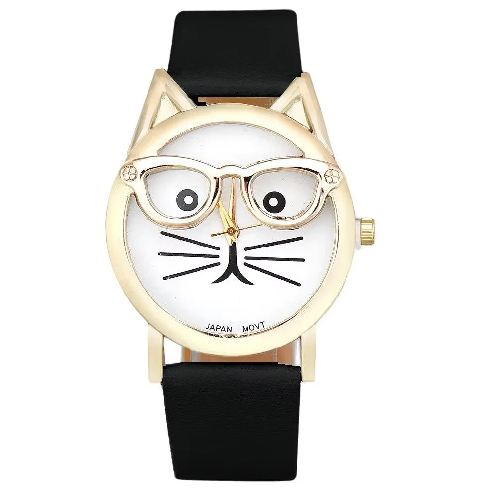 A fashion leopard print women's quartz watch featuring a midnight leopard onyx black faux leather band, a polished round alloy case, and a cute cat silhouette dial layout.