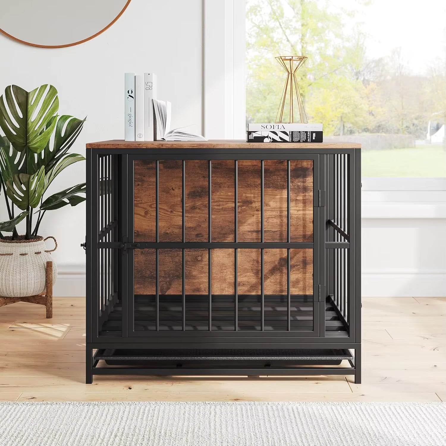 Dog Crate Furniture,Wooden Dog Kennel Indoor,Heavy Duty Dog Cage with Removable Tray, Dog House Double Doors Pet Crate Side