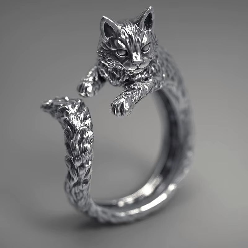 Gothic Silver Adjustable Retro Cat Ring for Men and Women - Handmade Unisex Pet Jewelry Gift
