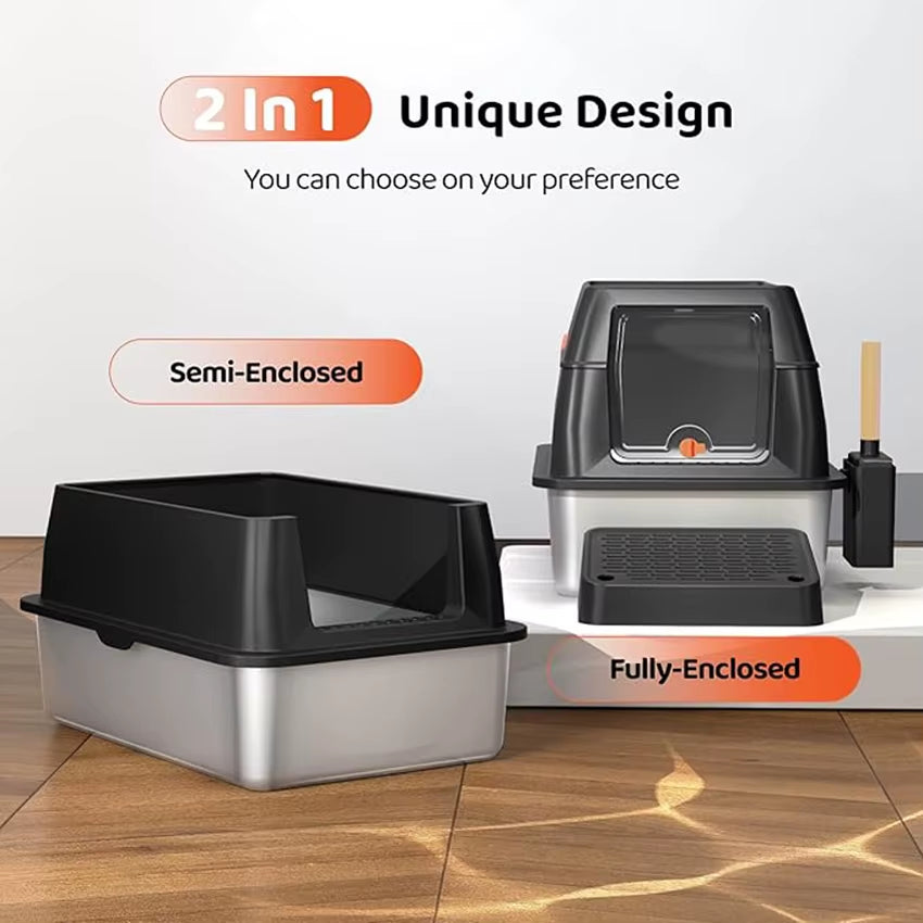 Extra Large Stainless Steel Cat Litter Box with Lid and Cover - Odor-Controlled Design for Large Cats