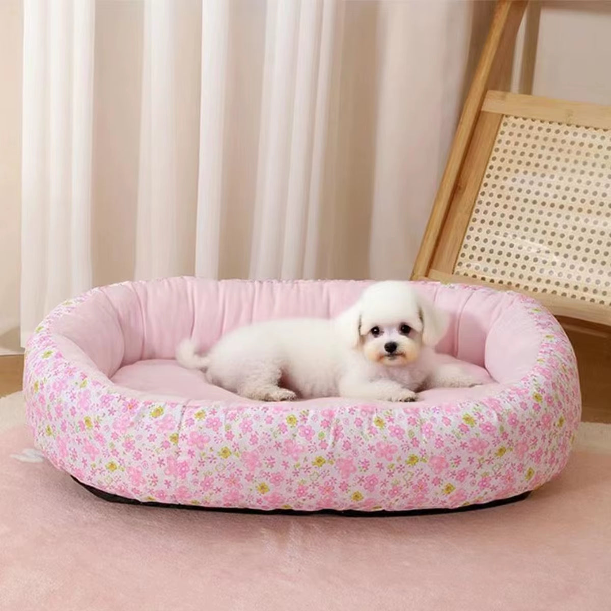 Soft Peony pink floral pet sleeping pad for small dogs and cats.