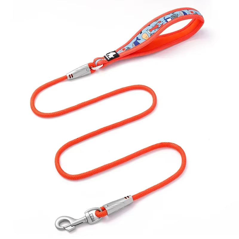 Vibrant floral printed dog leash featuring high-visibility reflective stitching and a padded handle.