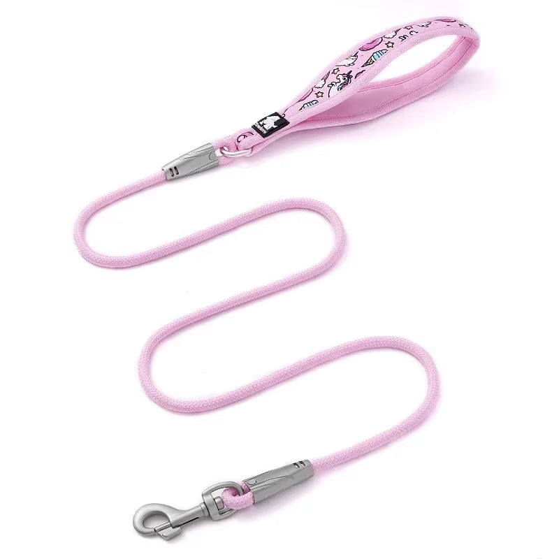Small to medium dog being walked using a comfortable floral pattern nylon leash with a secure quick-release snap hook.
