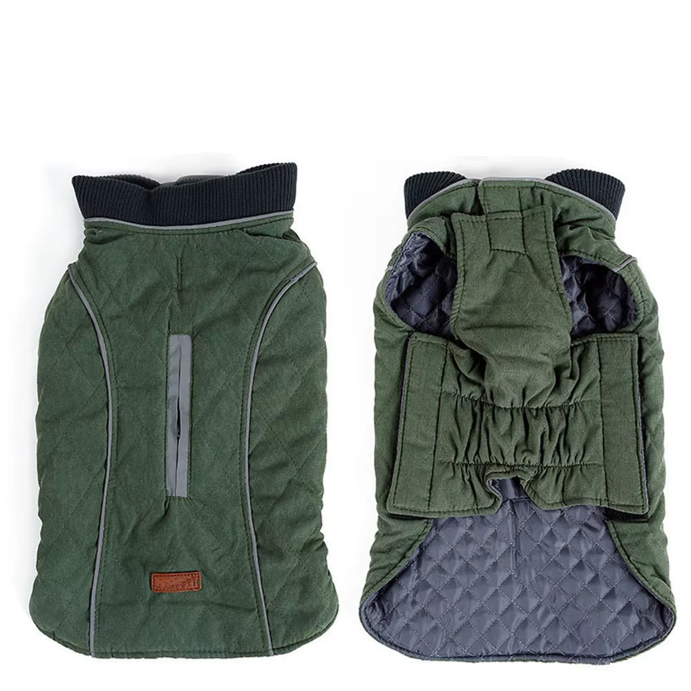 Forest green weather-resistant dog jacket with diamond quilting and reflective trim.