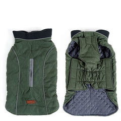 Forest green weather-resistant dog jacket with diamond quilting and reflective trim.